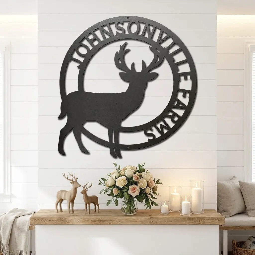 Personalized Deer Family Name Metal Sign – Custom Last Name Circle Wall Art – Rustic Farmhouse Home Decor Gift