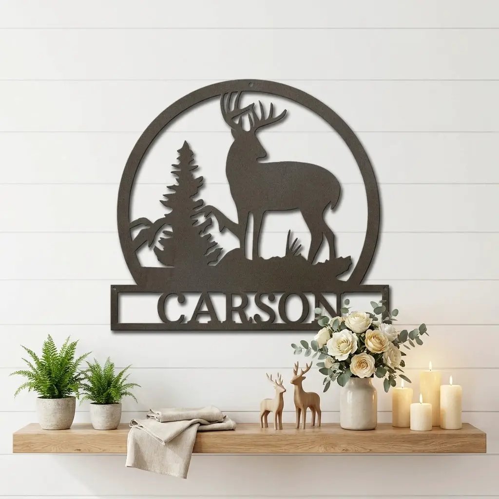 Personalized Deer Scene Metal Sign – Custom Last Name Wall Art – Rustic Cabin Forest Decor Gift