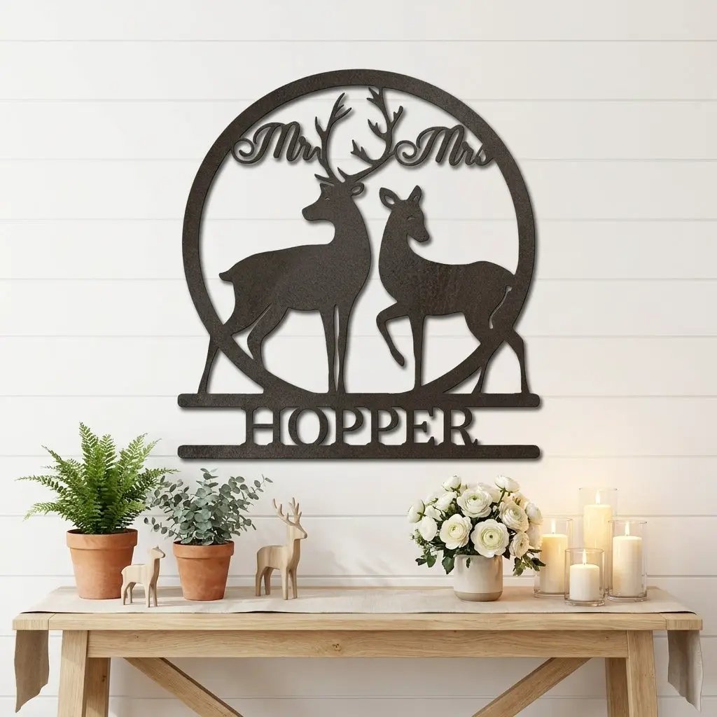 Personalized Mr & Mrs Deer Metal Sign – Custom Last Name Wedding Wall Art – Rustic Anniversary Gift for Couple