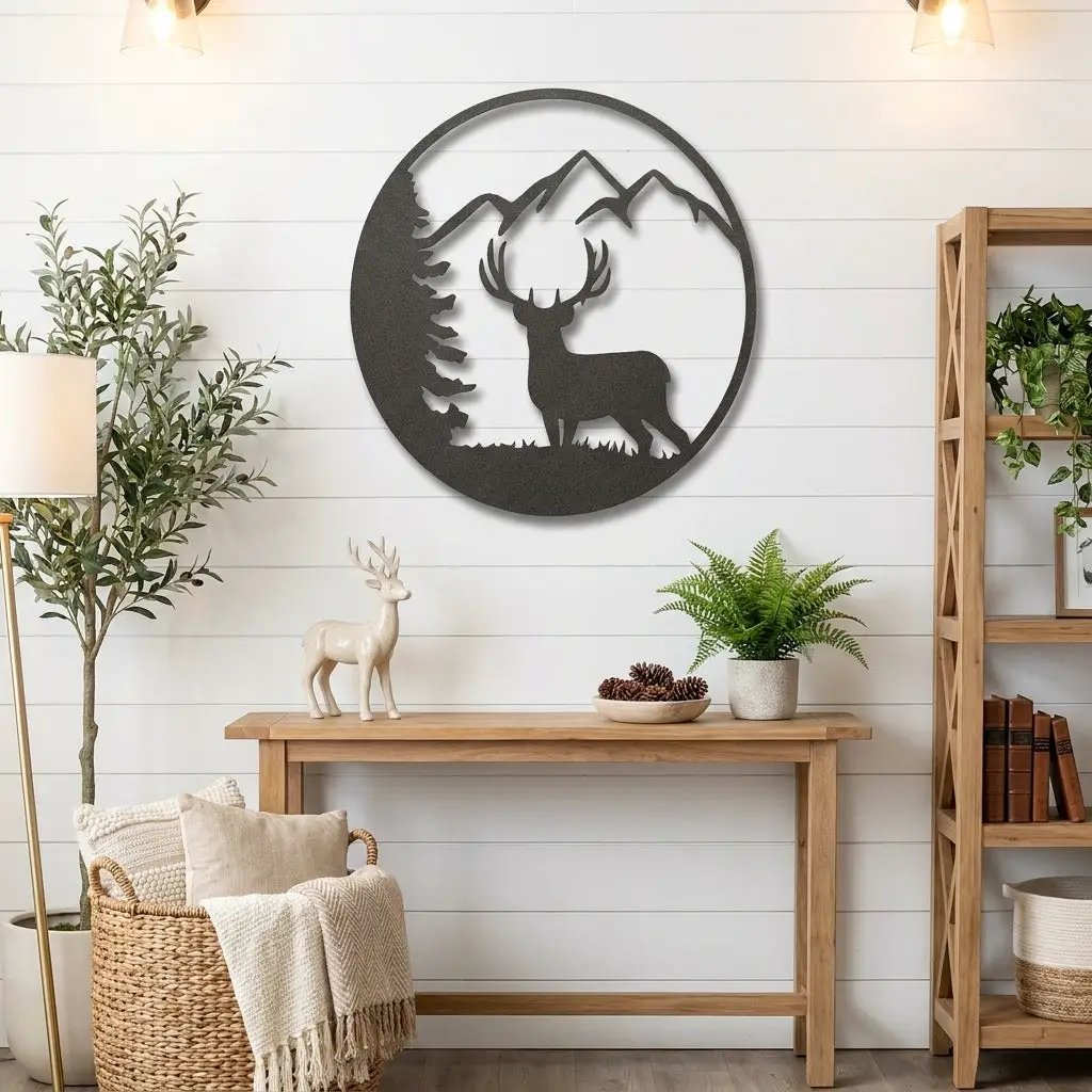 Deer Mountain Metal Wall Art – Rustic Wildlife Circle Sign – Forest & Cabin Lodge Decor – Stag Silhouette Steel Wall Hanging