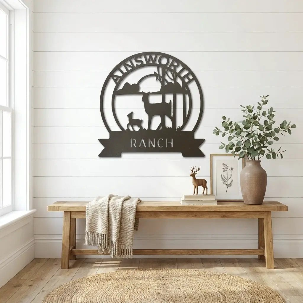 Personalized Deer Ranch Metal Sign – Doe & Fawn Sunset Wall Art – Custom Family Name & Ranch Name Sign – Rustic Farmhouse Lodge Decor
