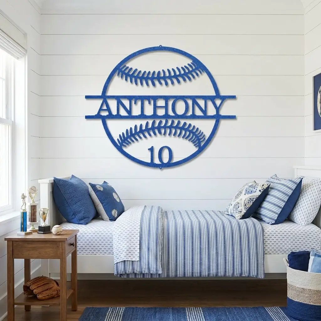 Personalized Baseball Metal Wall Art | Custom Name and Number Baseball Sign | Player Room Decor