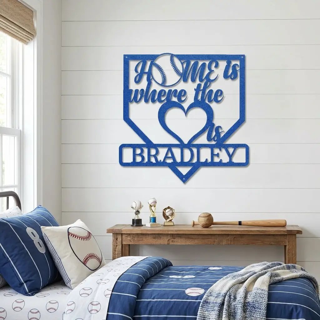 Personalized Baseball Home Plate Metal Wall Art | Custom Family Name Baseball Sign | Baseball Lover Home Decor