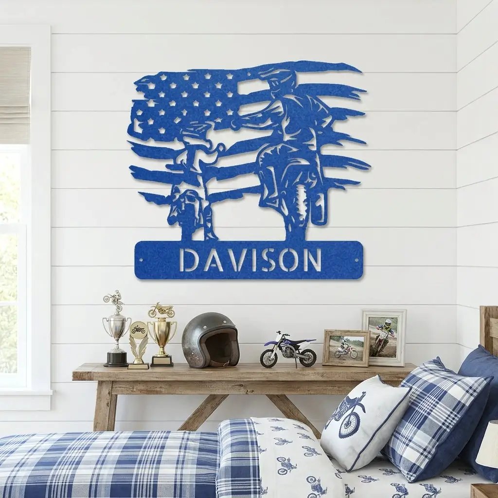 Personalized American Father & Son Motorcycle Metal Wall Art | Patriotic Biker Family Sign | Custom USA Motorcycle Decor