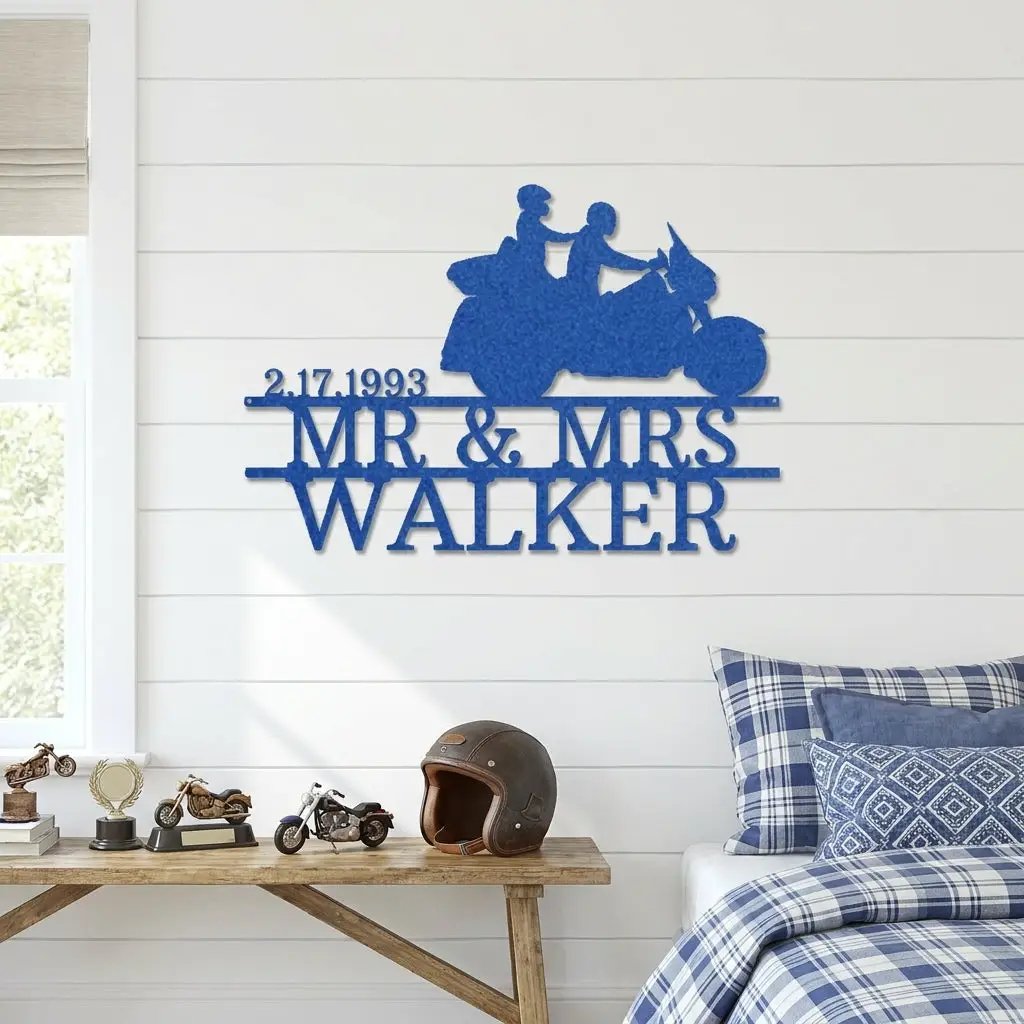 Personalized Motorcycle Couple Metal Sign Mr and Mrs Wedding Gift Custom Biker Wall Art Anniversary Gift Steel Decor