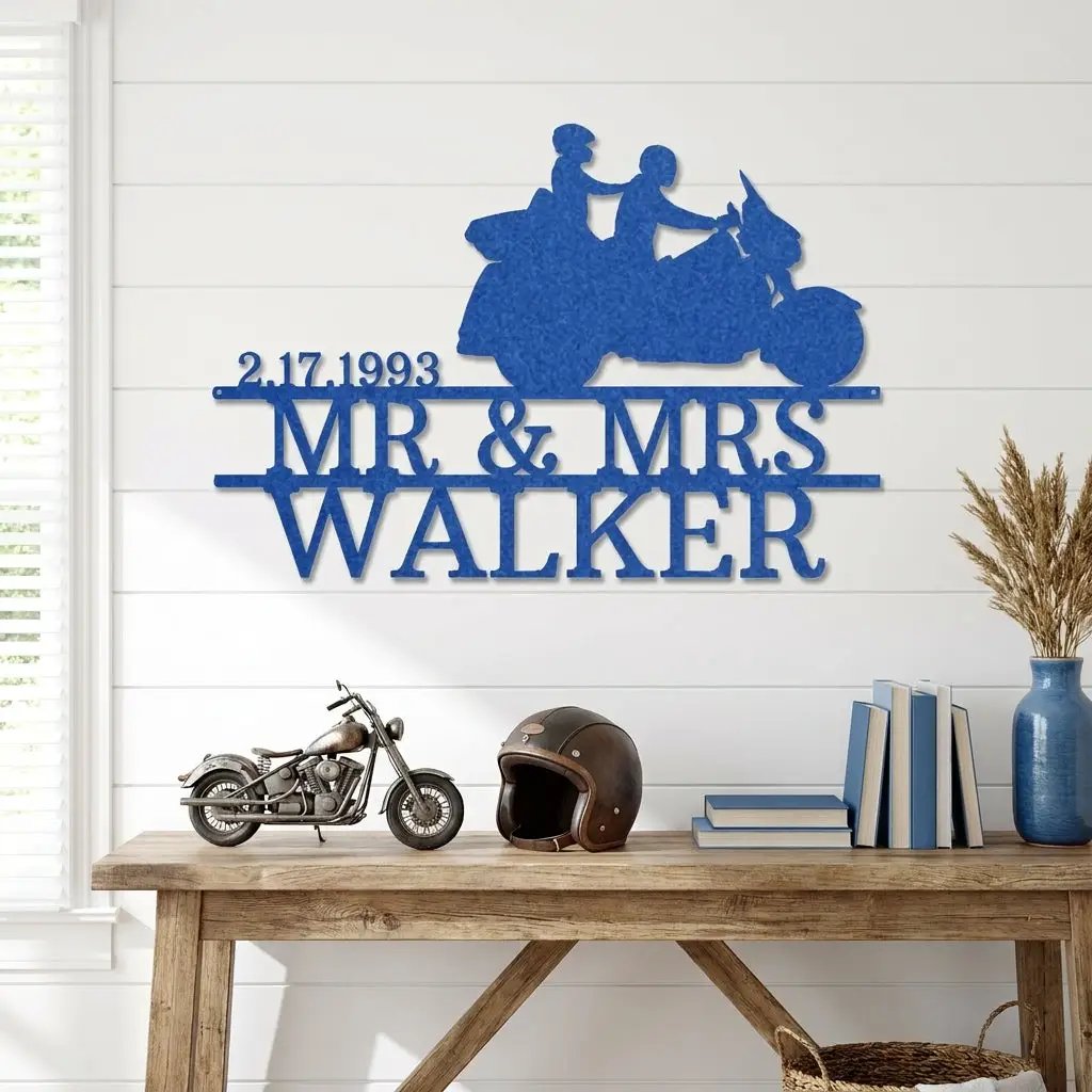 Personalized Motorcycle Couple Metal Sign Mr and Mrs Wedding Gift Custom Biker Wall Art Anniversary Gift Steel Decor