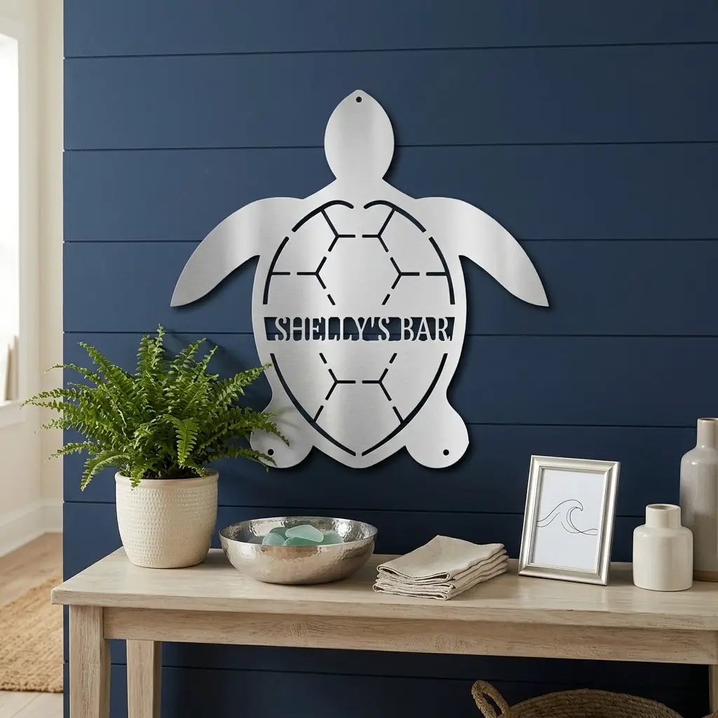 Personalized Sea Turtle Metal Wall Art – Custom Beach Name Sign – Coastal Decor – Ocean Wall Art