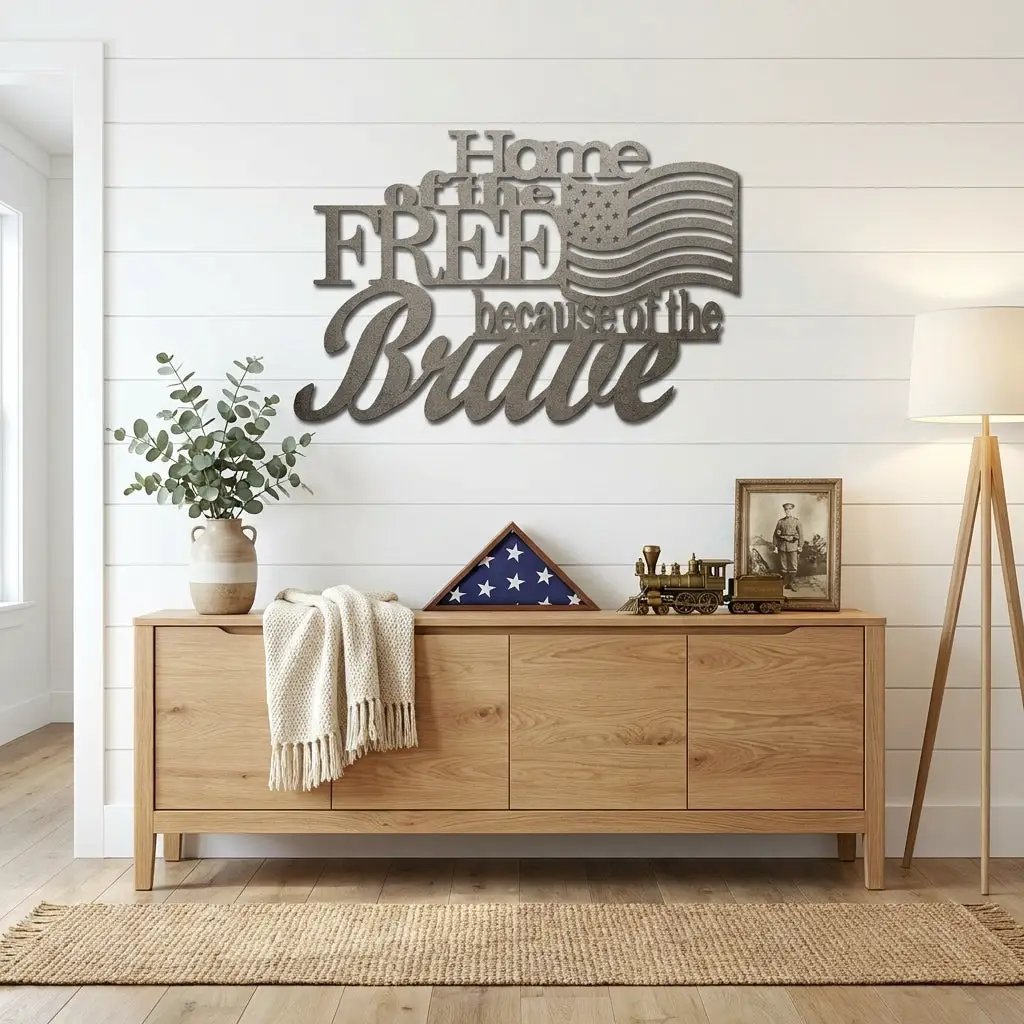 Home of the Free Because of the Brave Metal Wall Art – Patriotic American Flag Sign – Handmade Steel Indoor/Outdoor Décor