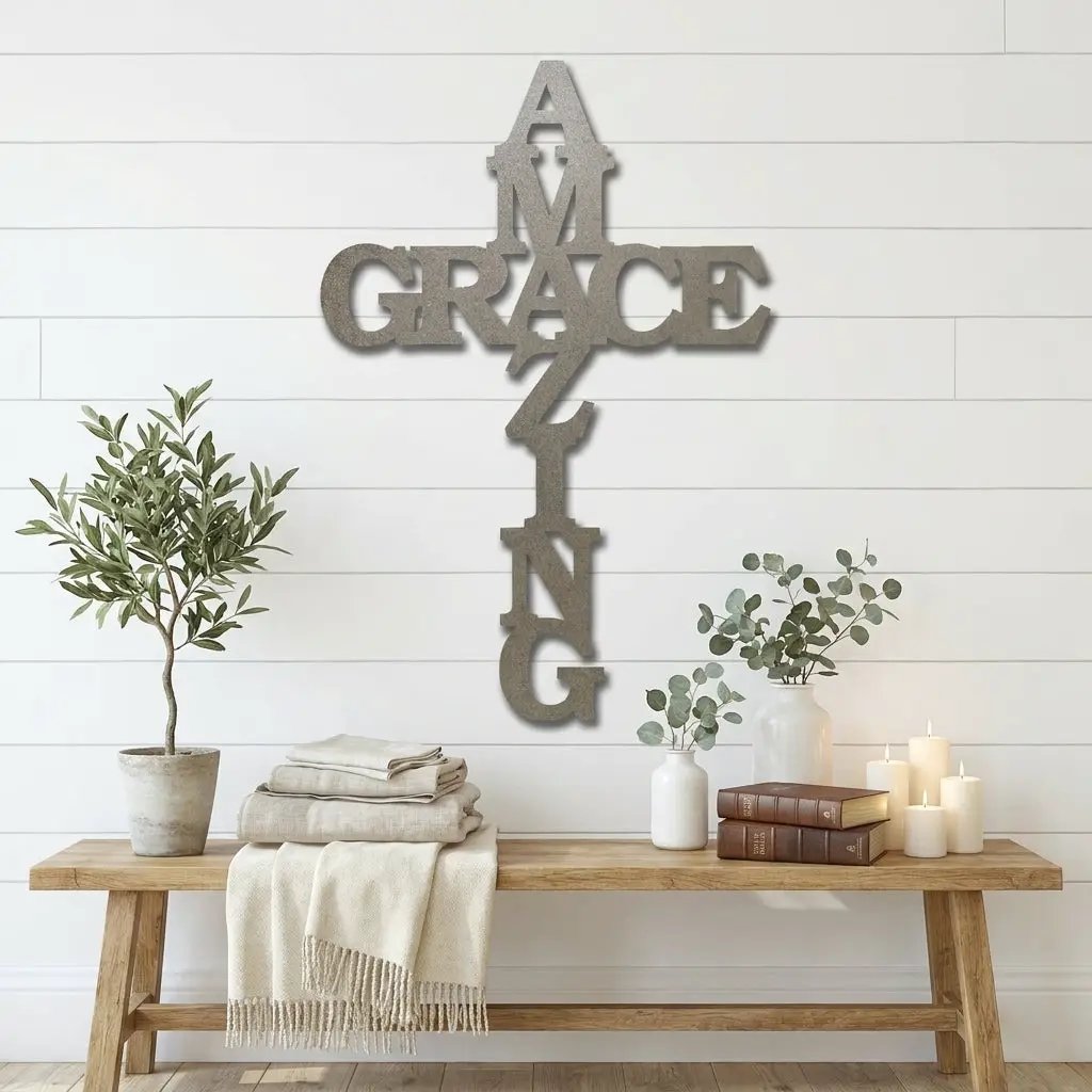 Amazing Grace Cross Steel Wall Art – Christian Metal Cross Sign – Inspirational Faith Decor – Laser Cut Religious Wall Art