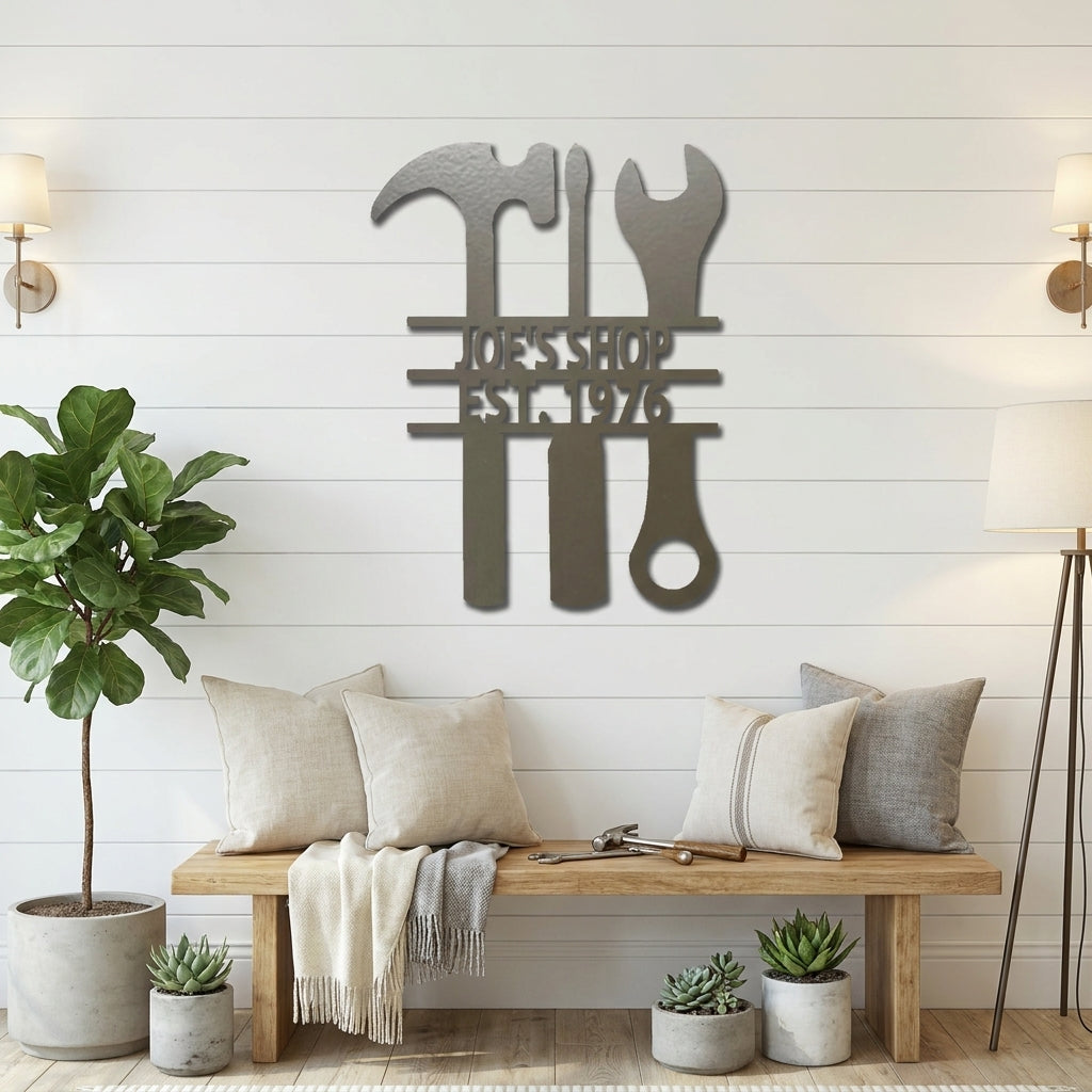 Personalized Tool Metal Wall Art, Custom Garage Workshop Sign, Mechanic Shop Sign, Handyman Wall Decor,