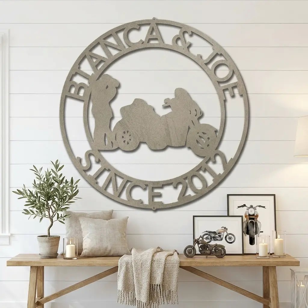 Personalized Couples Motorcycle Trike Metal Wall Art – Custom Names & Date Biker Sign – Anniversary Gift for Couples, Man Cave Garage Decor