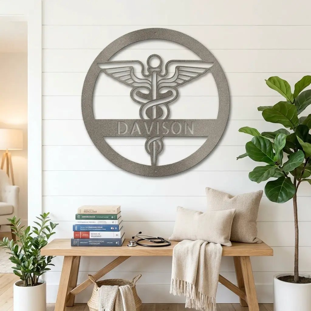 Personalized Medical Symbol Metal Wall Art – Custom Caduceus Steel Sign – Doctor Nurse Healthcare Professional Gift Decor