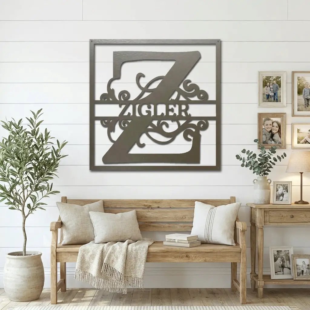 Personalized Monogram Metal Wall Art – Custom Family Name Sign – Square Metal Wall Decor – Farmhouse Last Name Steel Sign