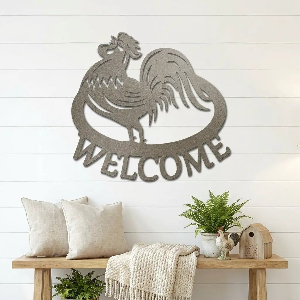 Welcome Rooster Metal Wall Art – Farmhouse Chicken Decor – Rustic Kitchen Wall Sign – Country Home Decor – Farmhouse Porch Sign