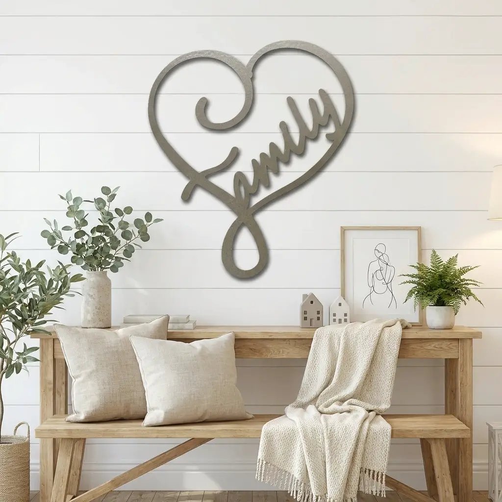 Family Name Heart Metal Wall Art Sign – Custom Steel Family Love Monogram – Laser Cut Amish Crafted Metal Home Decor