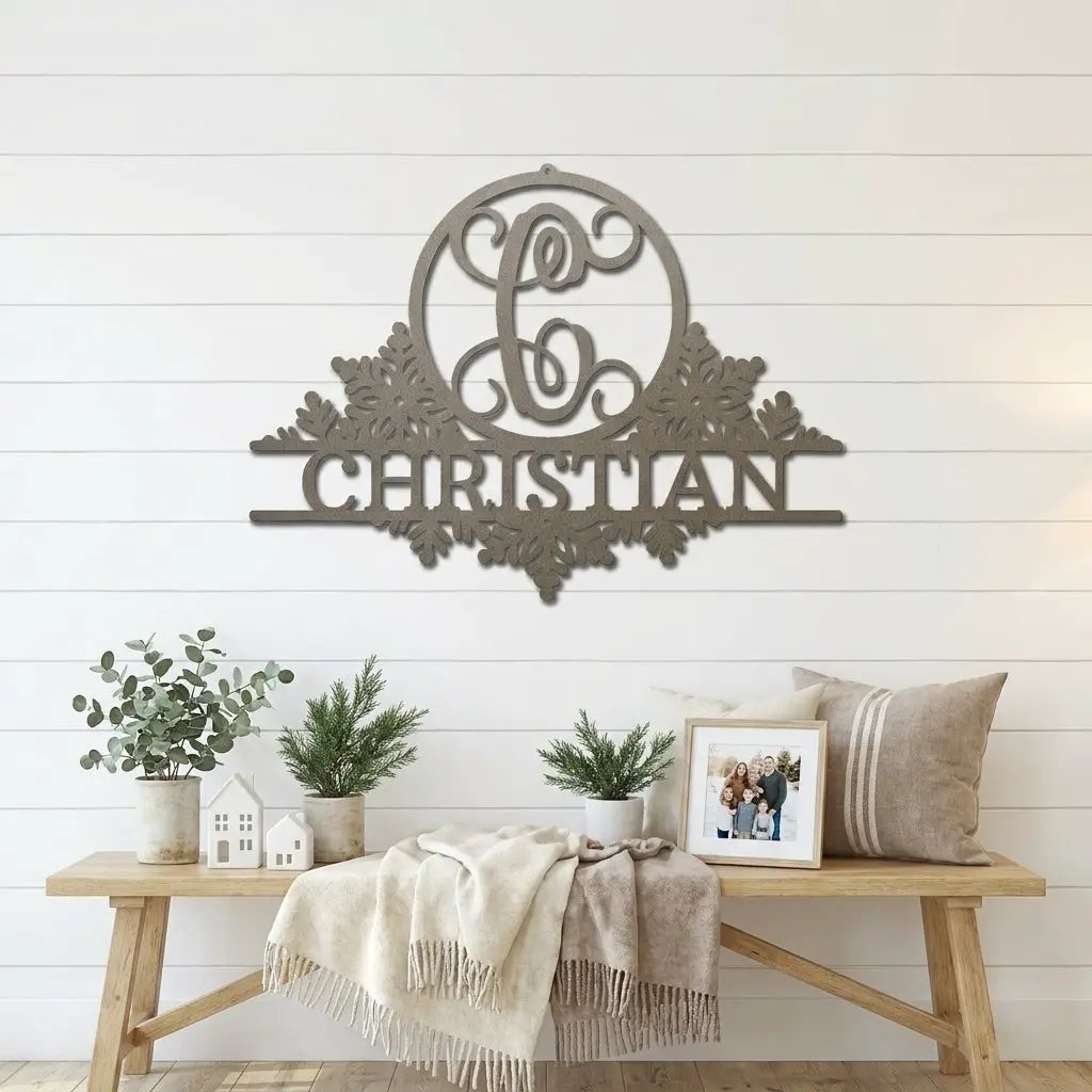 Personalized Family Name Metal Snowflake Wall Art with Initial – Custom Monogram Steel Sign – Wedding Gift – Housewarming Decor – Farmhouse Wall Art