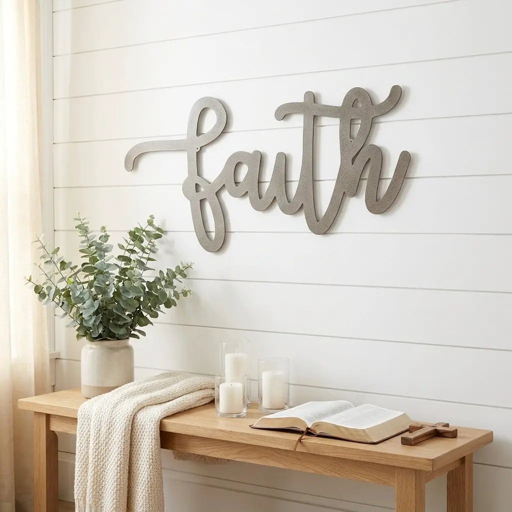 Faith Script Metal Wall Art – Christian Home Decor – Inspirational Metal Sign – Minimalist Religious Wall Decor