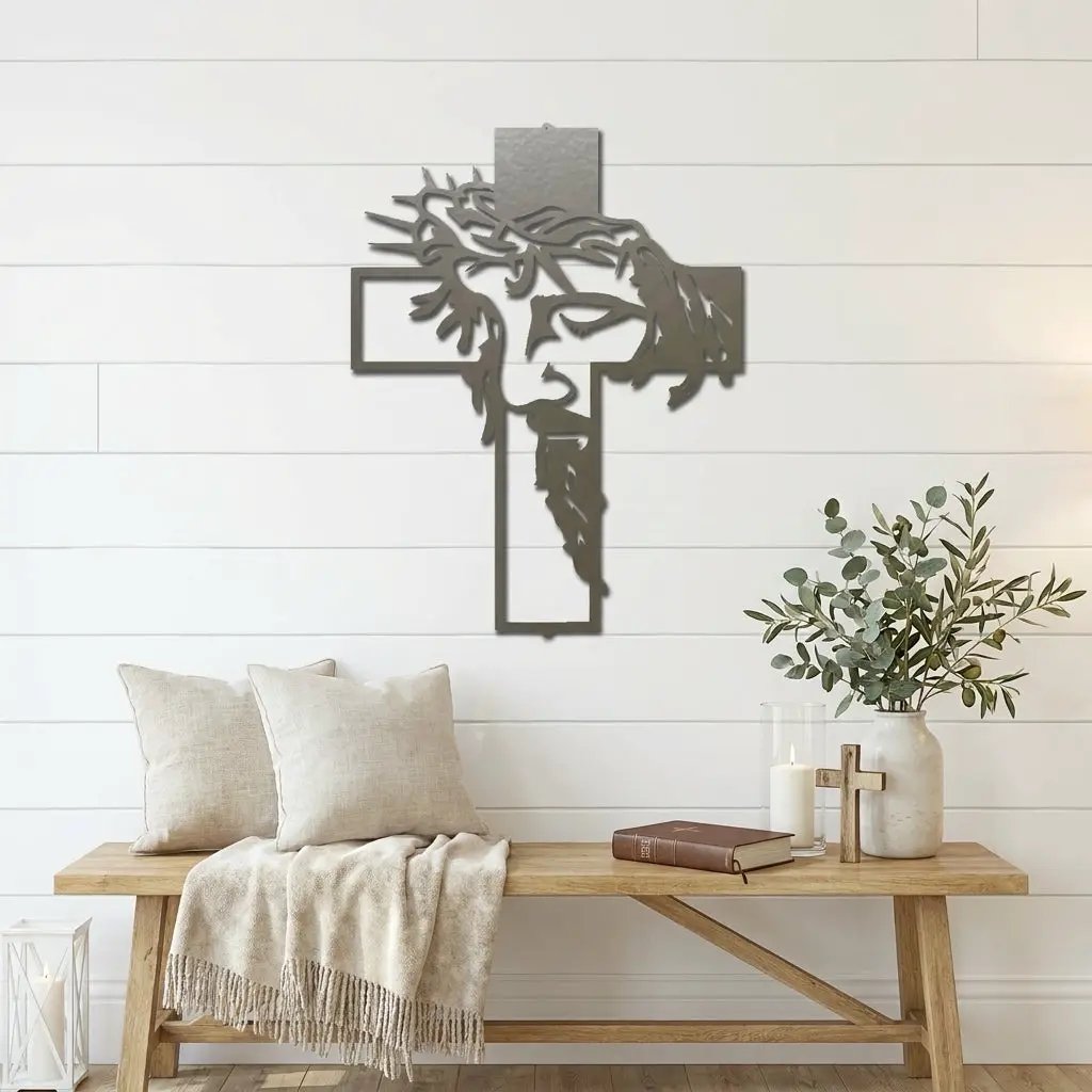 Jesus Crown of Thorns Steel Cross Sign Christian Metal Wall Decor Made in USA