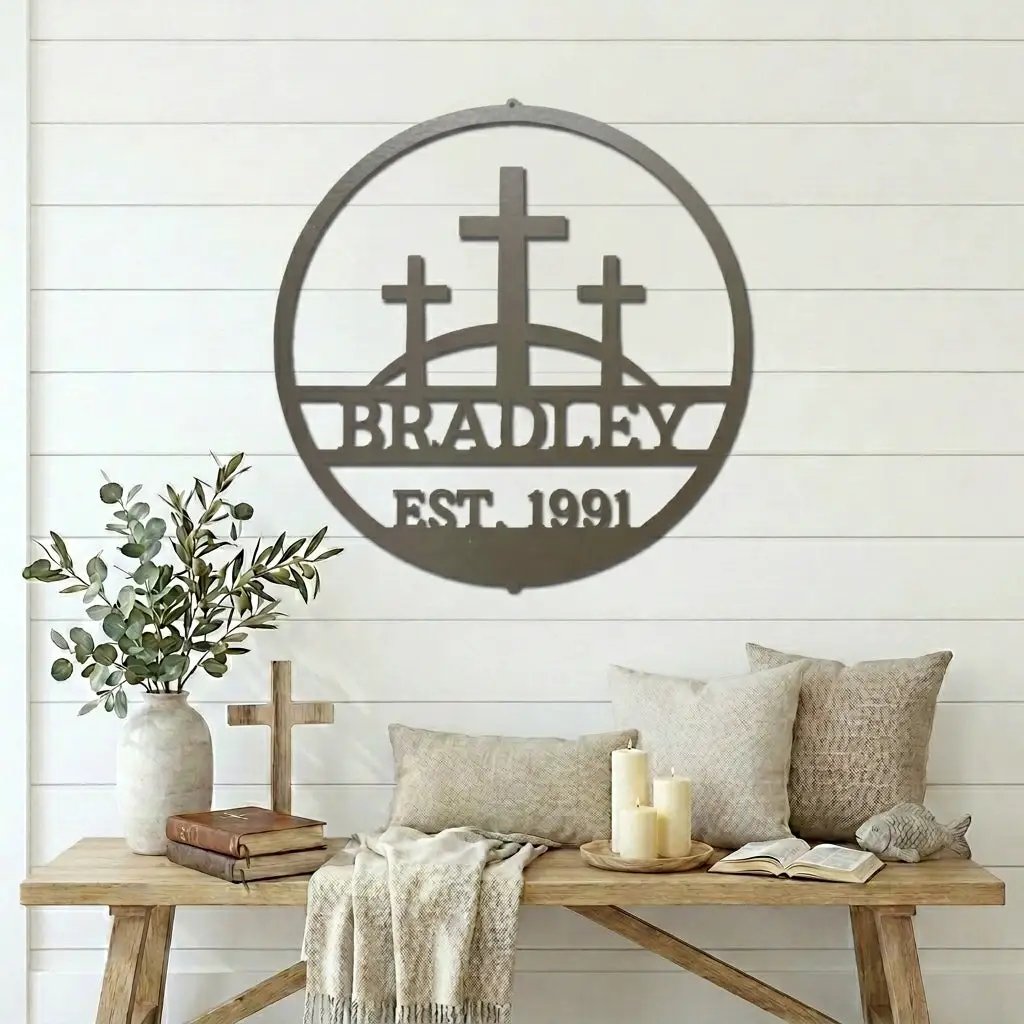 Personalized Three Crosses Metal Wall Art | Christian Family Name Sign | Faith Based Farmhouse Decor