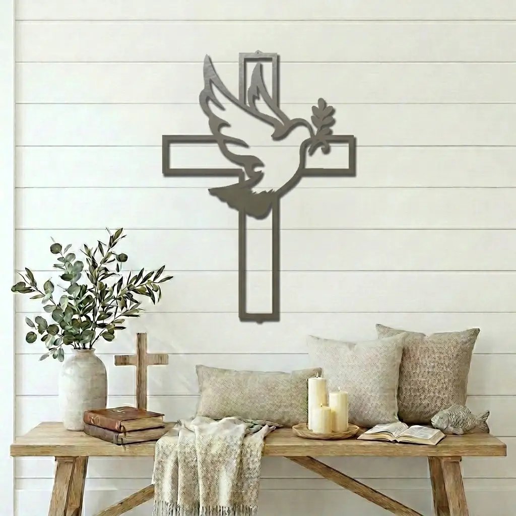Dove Cross Metal Wall Art | Christian Holy Spirit Decor | Inspirational Religious Wall Hanging