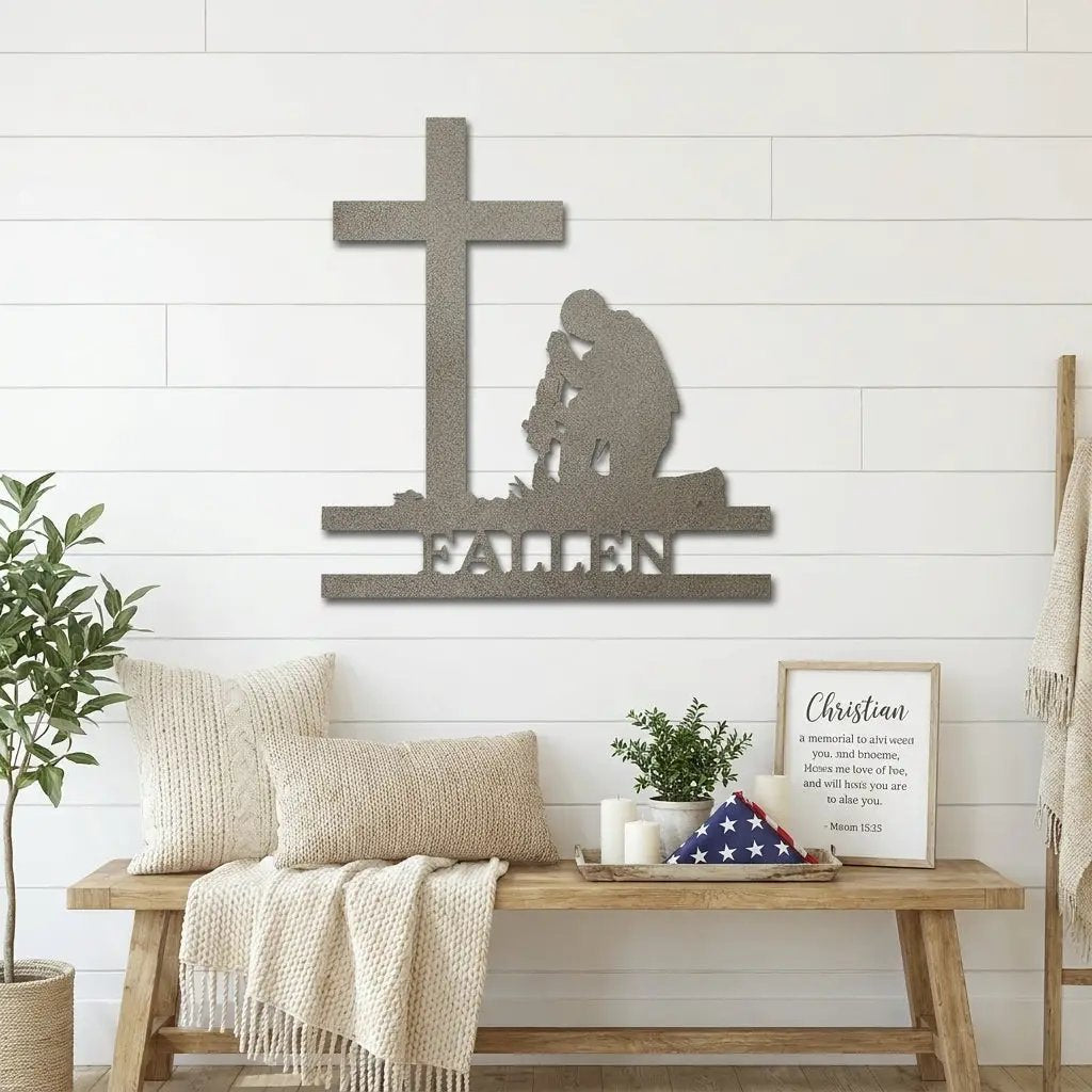 Personalized Fallen Soldier Memorial Metal Wall Art | Military Remembrance Cross Decor | Veteran Tribute Sign