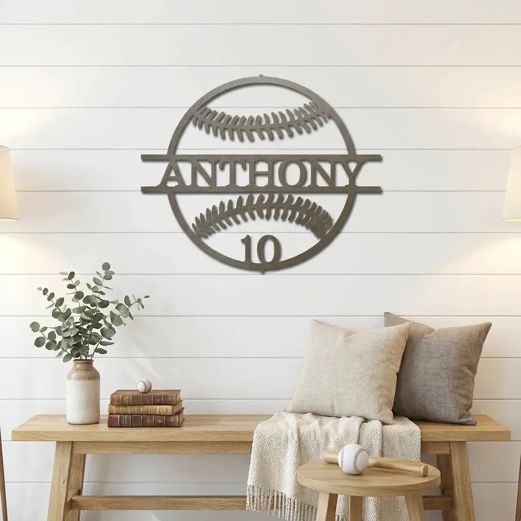 Personalized Baseball Metal Wall Art | Custom Name and Number Baseball Sign | Player Room Decor