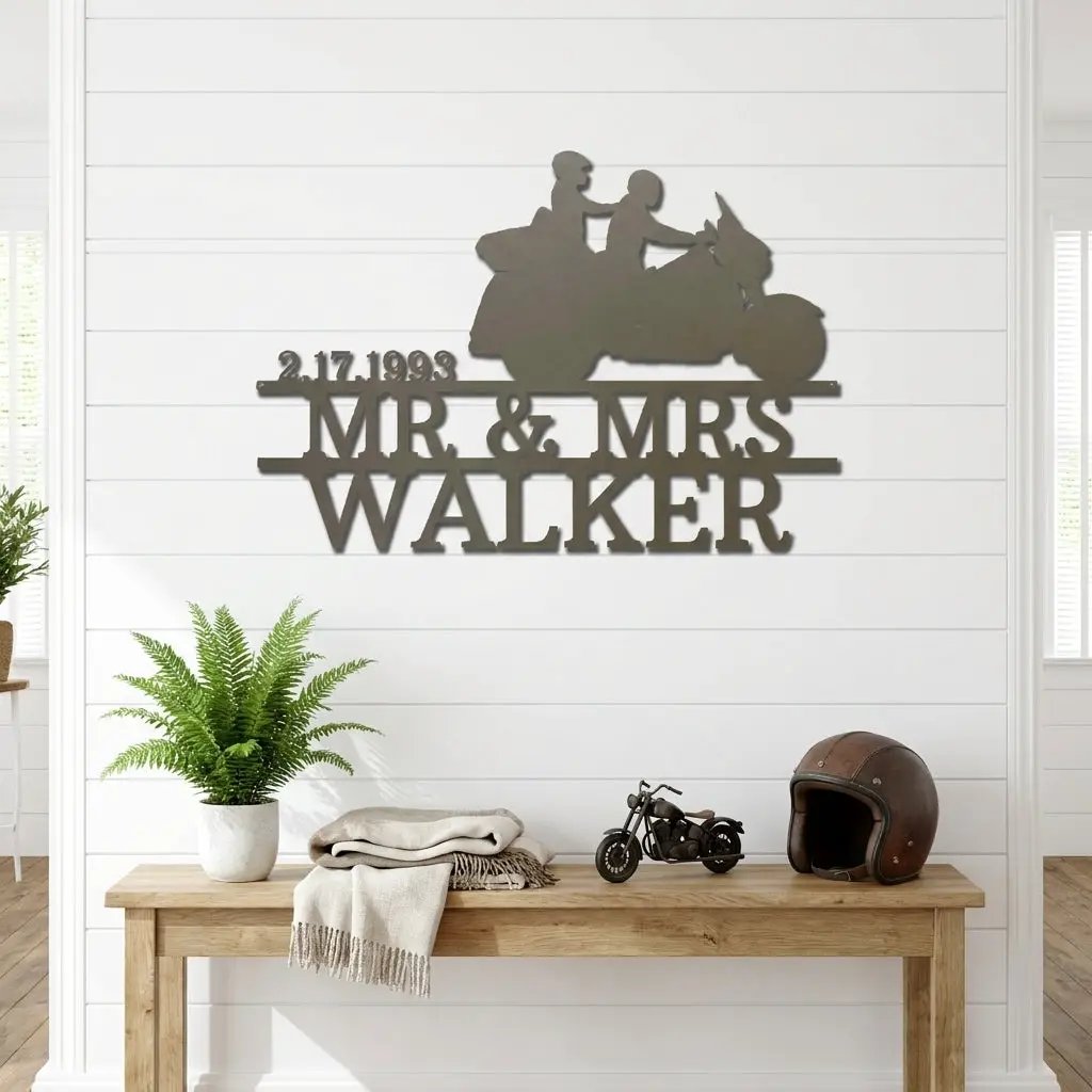 Personalized Motorcycle Couple Metal Sign Mr and Mrs Wedding Gift Custom Biker Wall Art Anniversary Gift Steel Decor