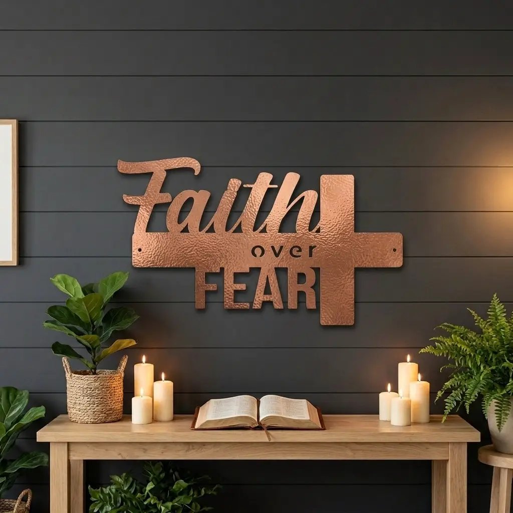 Faith Over Fear Christian Cross Metal Wall Art