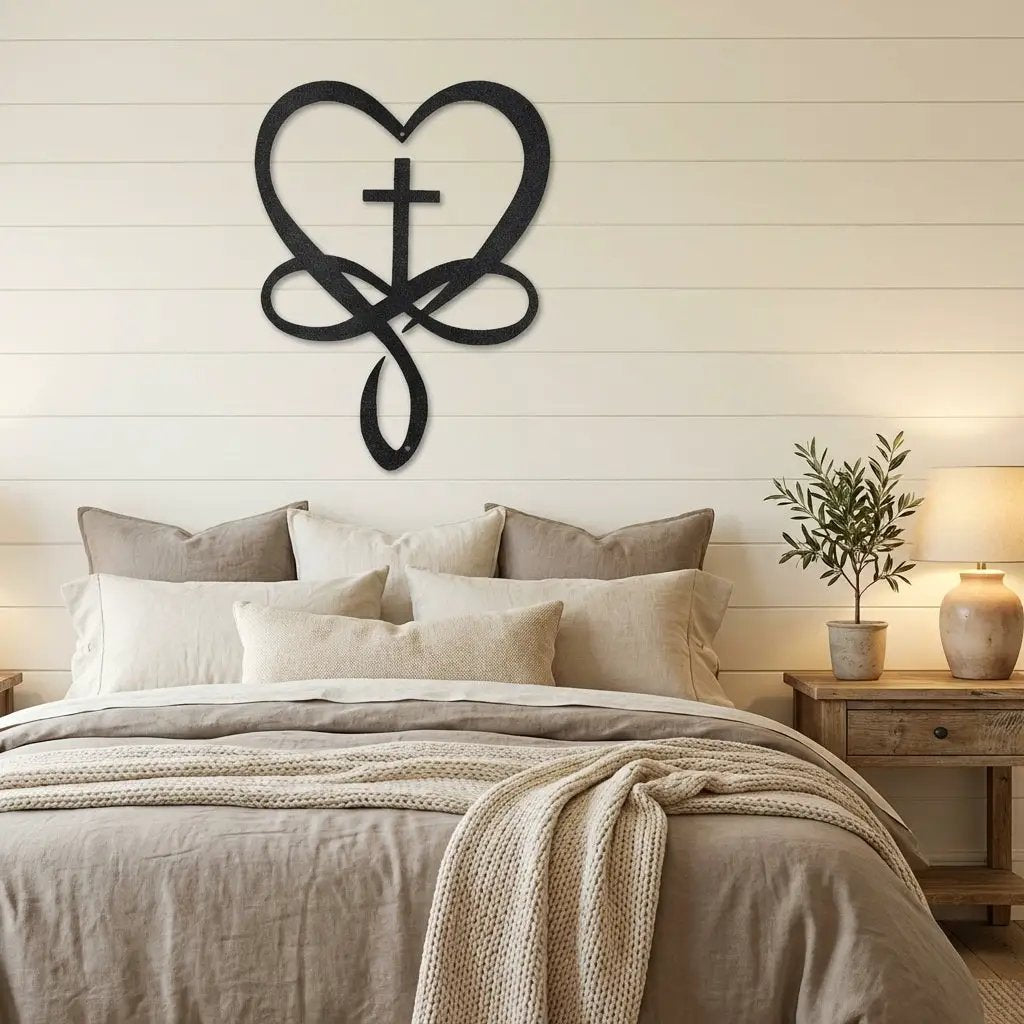 Love Infinity Cross Metal Wall Art – Christian Faith Decor, Heart Cross Sign, Religious Home Decor, Laser Cut Steel Wall Hanging, Gift for Christian Family