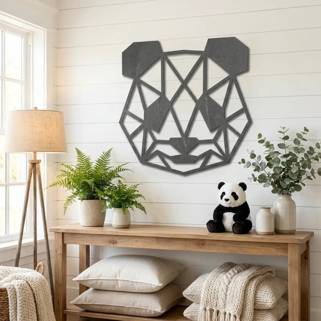 Geometric Panda Metal Wall Art – Modern Animal Steel Décor – Minimalist Panda Head Wall Hanging