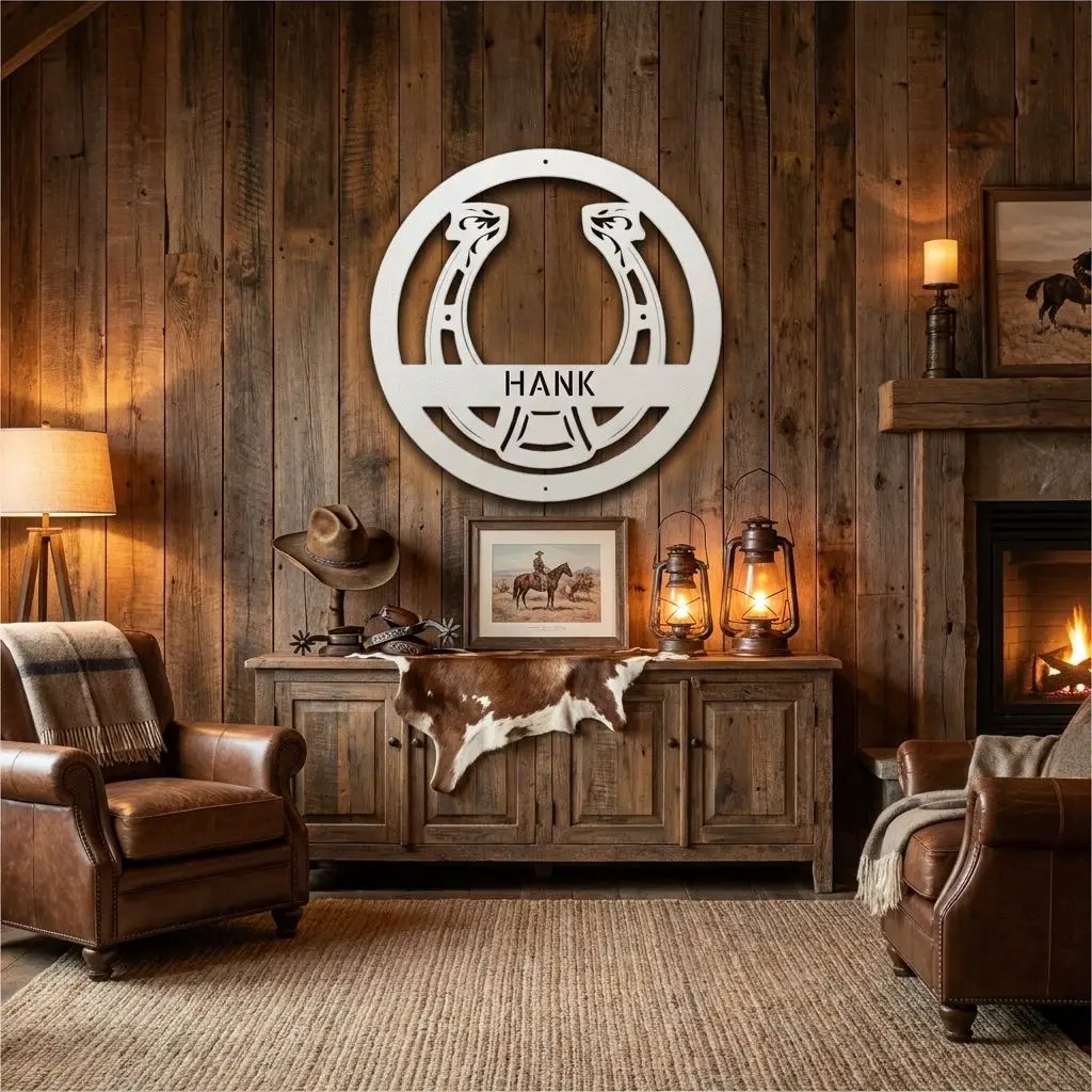 Personalized Horseshoe Metal Wall Art Sign Custom Ranch Name Steel Decor Western Farmhouse