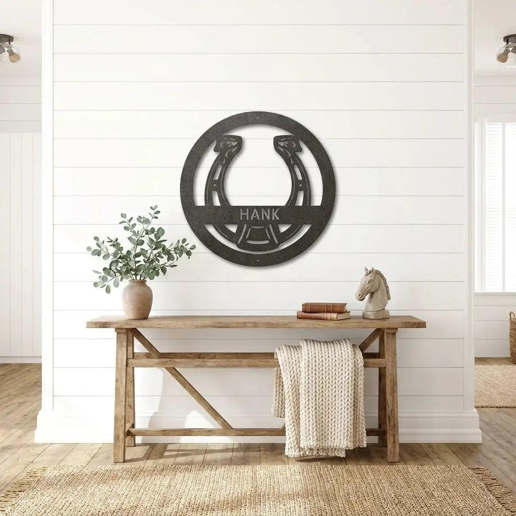 Personalized Horseshoe Metal Wall Art Sign Custom Ranch Name Steel Decor Western Farmhouse