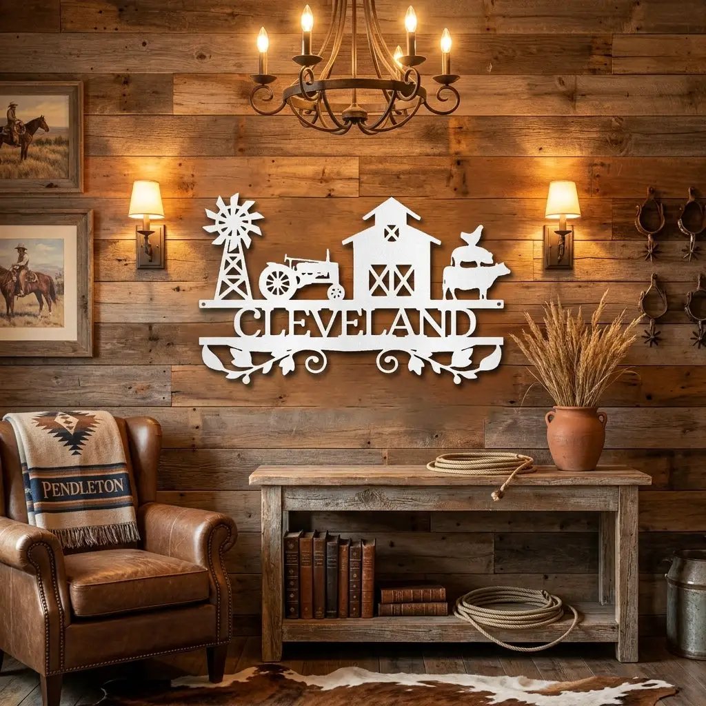 Personalized Barn & Tractor Steel Wall Art - Custom Farm Name Metal Sign