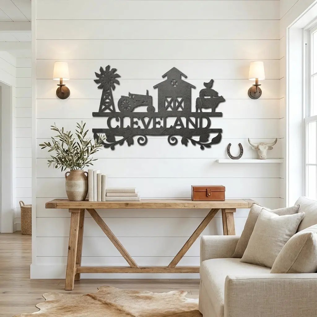 Personalized Barn & Tractor Steel Wall Art - Custom Farm Name Metal Sign
