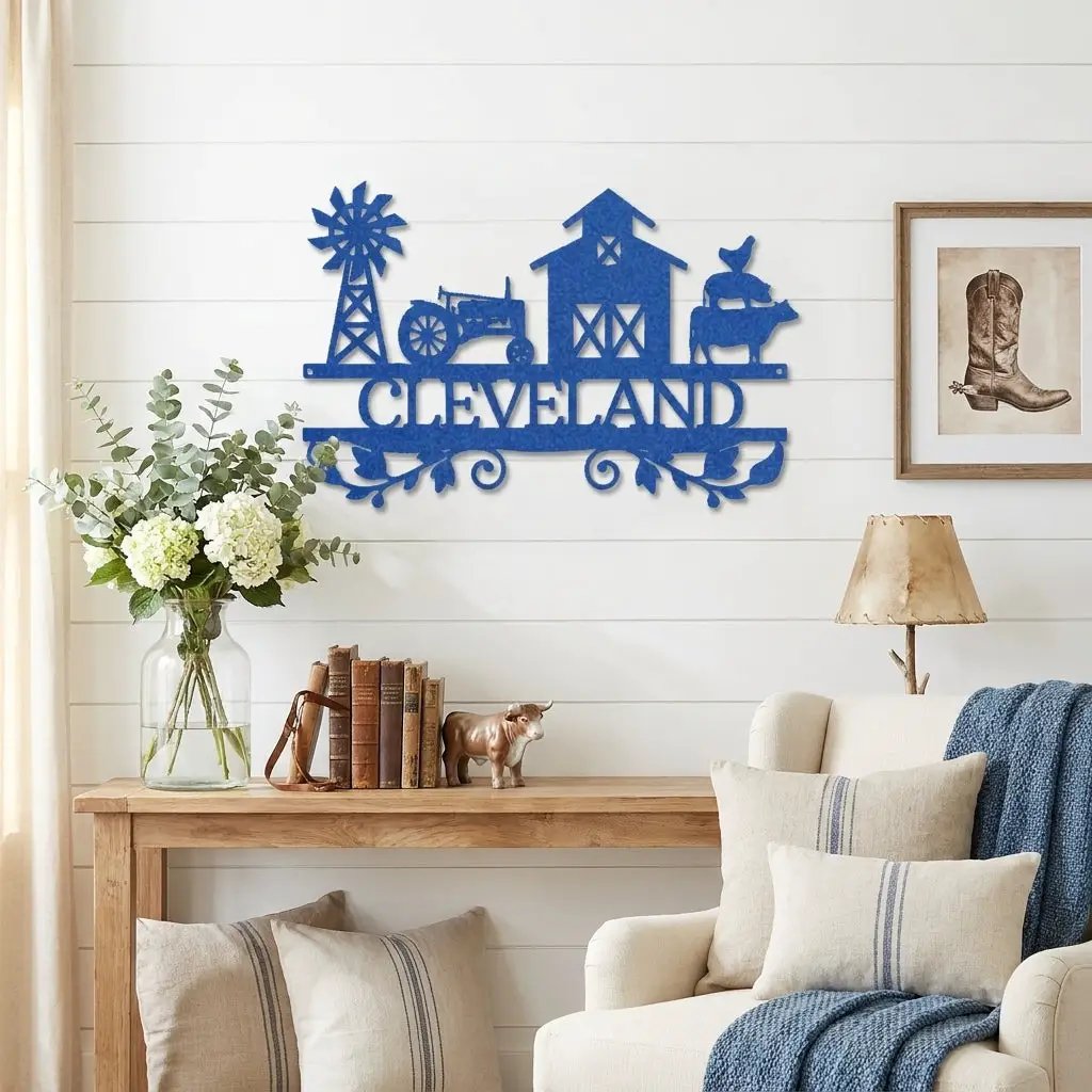 Personalized Barn & Tractor Steel Wall Art - Custom Farm Name Metal Sign