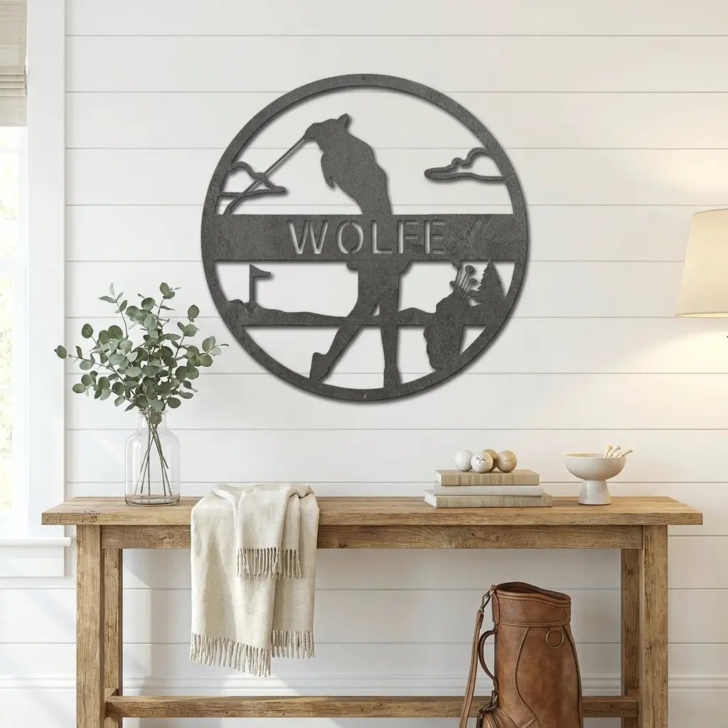 Custom Female Golfer Metal Sign – Personalized Name Wall Art – Round Golf Scene – Laser Cut Steel