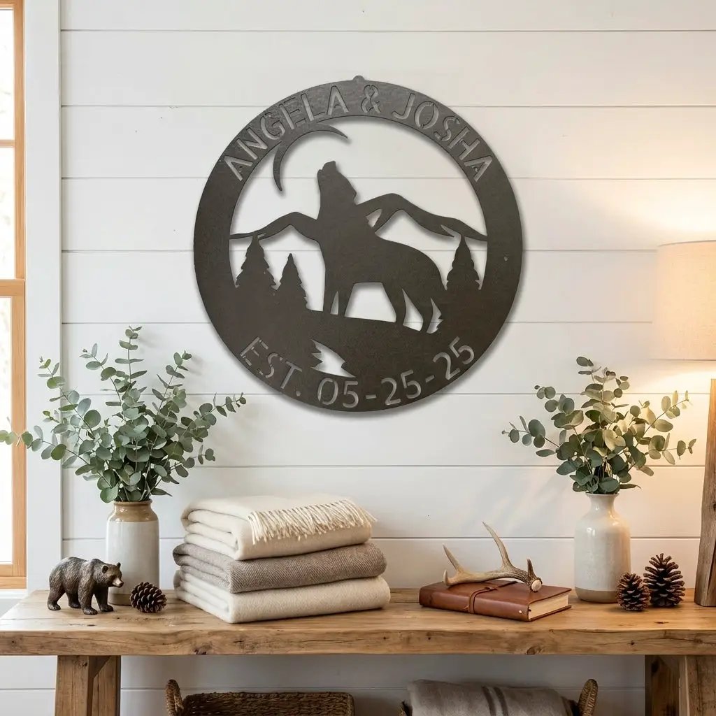Personalized Howling Wolf Metal Wall Art Sign - Custom Name Laser Cut Decor for Home, Cabin, Lodge - Unique Rustic Wildlife Gift