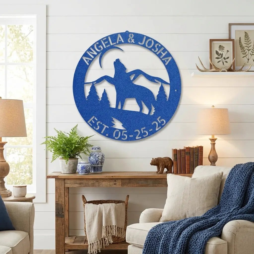 Personalized Howling Wolf Metal Wall Art Sign - Custom Name Laser Cut Decor for Home, Cabin, Lodge - Unique Rustic Wildlife Gift