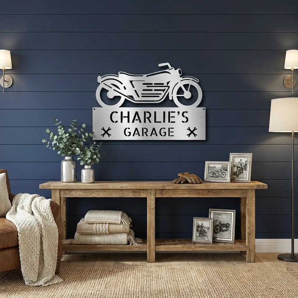 Personalized Motorcycle Garage Metal Sign – Custom Biker Wall Art – Garage Decor – Gift for Dad