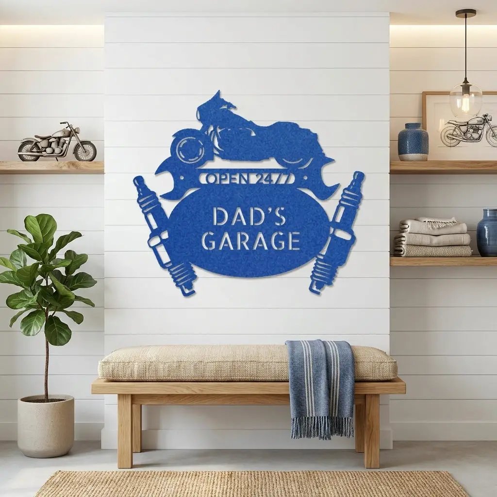 Personalized Motorcycle Garage Metal Sign, Custom Dad Garage Decor, Biker Wall Art, Man Cave Gift, Mechanic Shop Sign, Fathers Day Gift Idea
