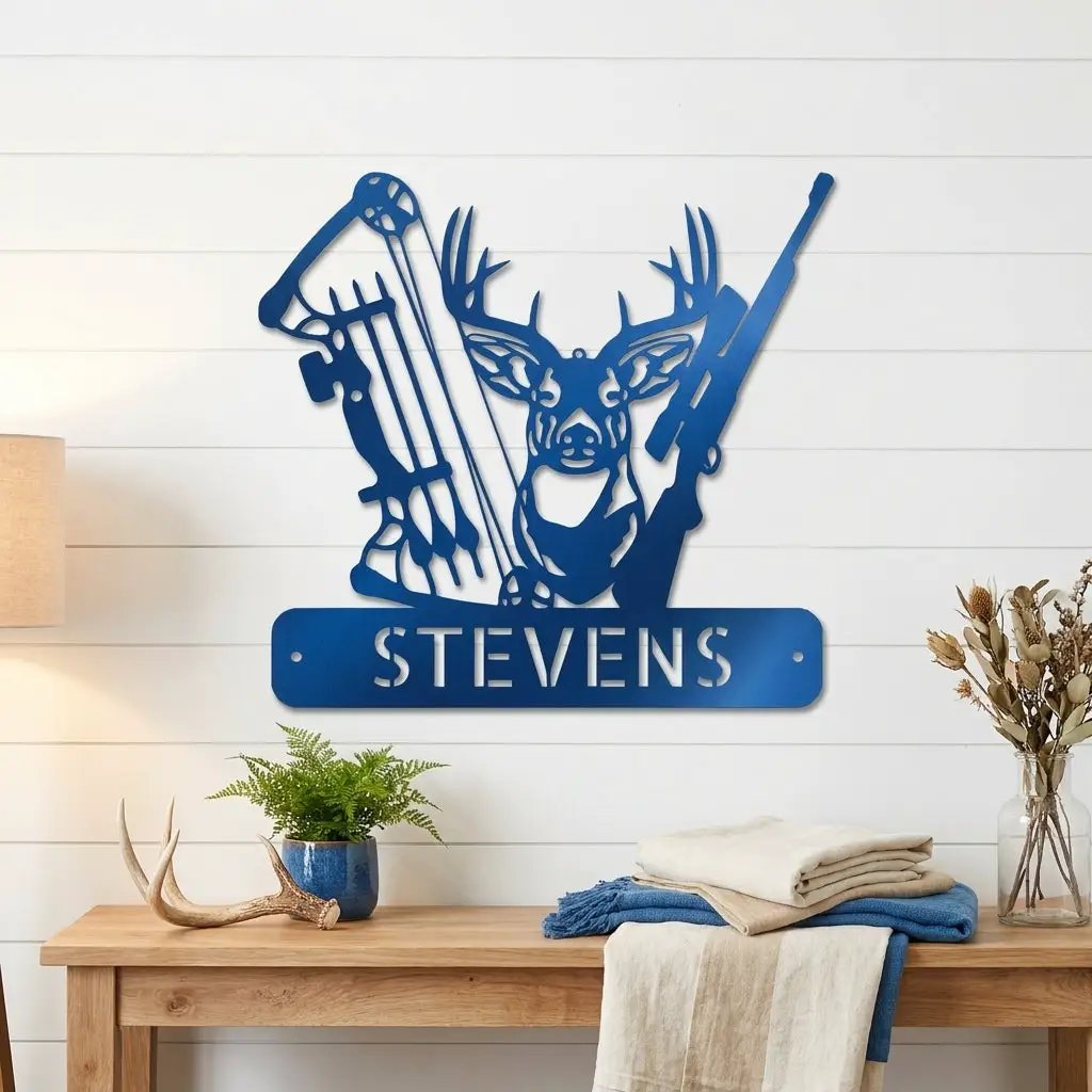 Personalized Deer Hunting Metal Wall Art Custom Hunter Name Sign Buck Head Bow Rifle Decor Rustic Cabin Hunting Gift Outdoor Wall Decor