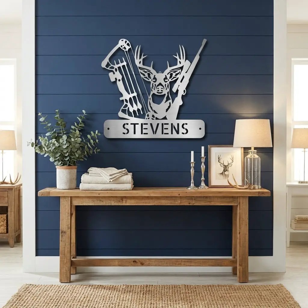 Personalized Deer Hunting Metal Wall Art Custom Hunter Name Sign Buck Head Bow Rifle Decor Rustic Cabin Hunting Gift Outdoor Wall Decor
