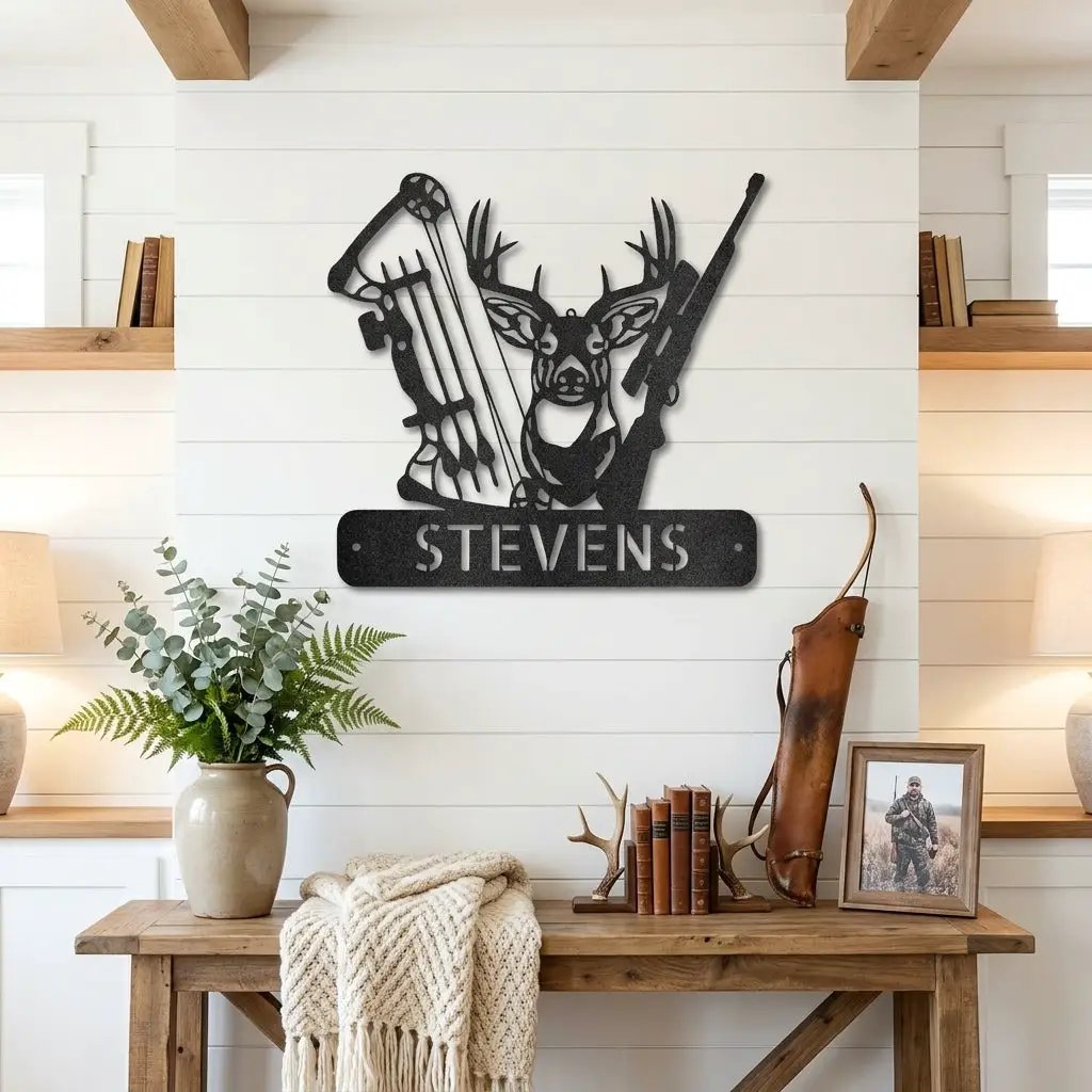 Personalized Deer Hunting Metal Wall Art Custom Hunter Name Sign Buck Head Bow Rifle Decor Rustic Cabin Hunting Gift Outdoor Wall Decor