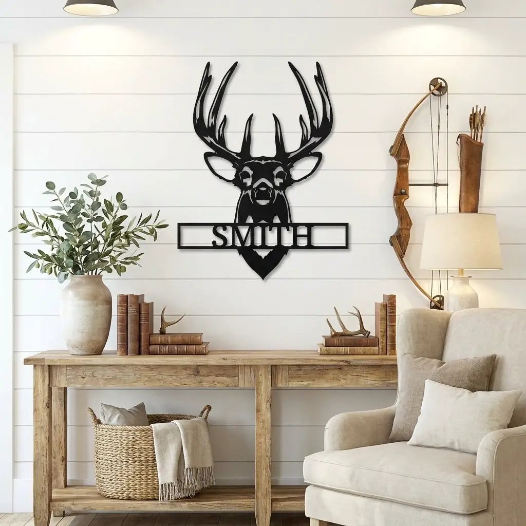 Personalized Deer Head Metal Wall Art Custom Family Name Sign Buck Antler Decor Rustic Cabin Farmhouse Wall Hanging Hunting Gift Idea