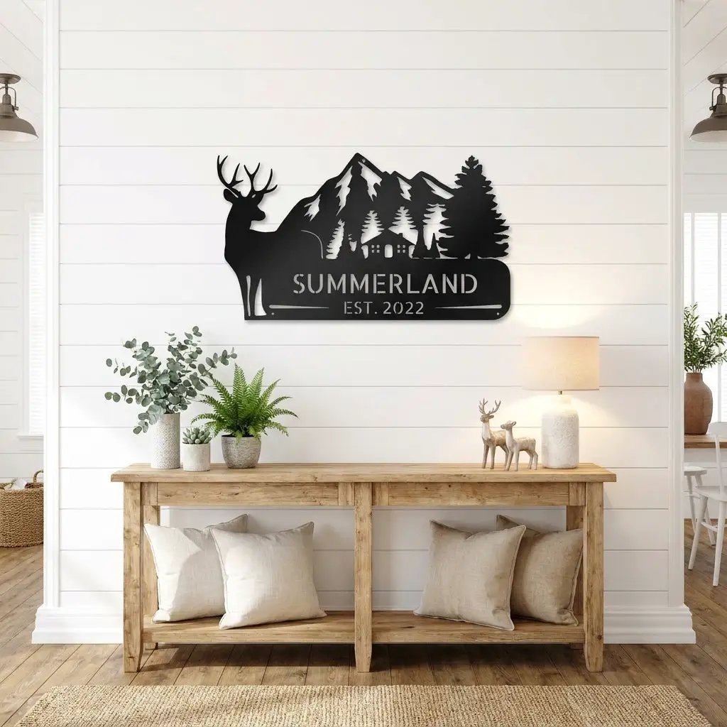 Personalized Deer Mountain Cabin Metal Sign – Custom Family Name Wilderness Wall Art – Rustic Lodge Decor with Trees & Mountains