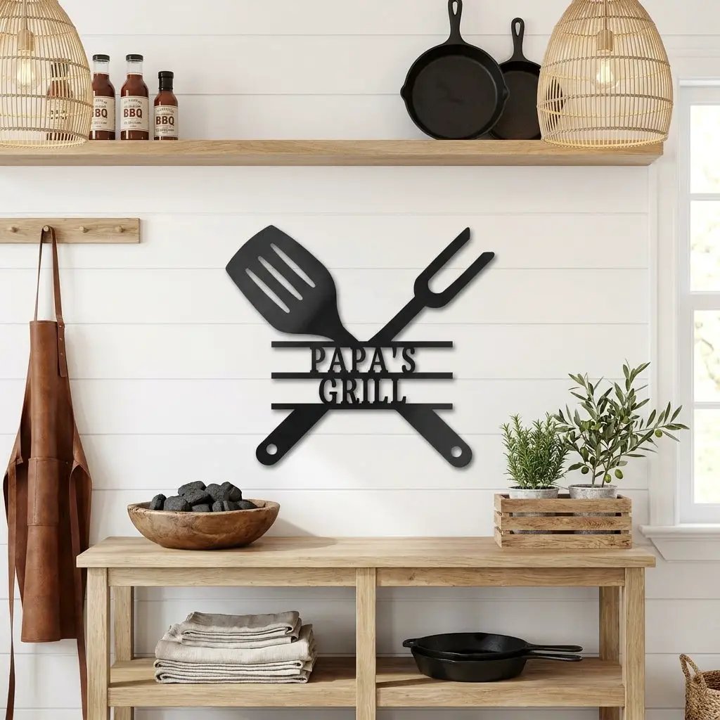 Personalized Grill Metal Wall Art – Custom BBQ Sign – Outdoor Kitchen Decor – Gift for Dad, Grandpa, BBQ Lover