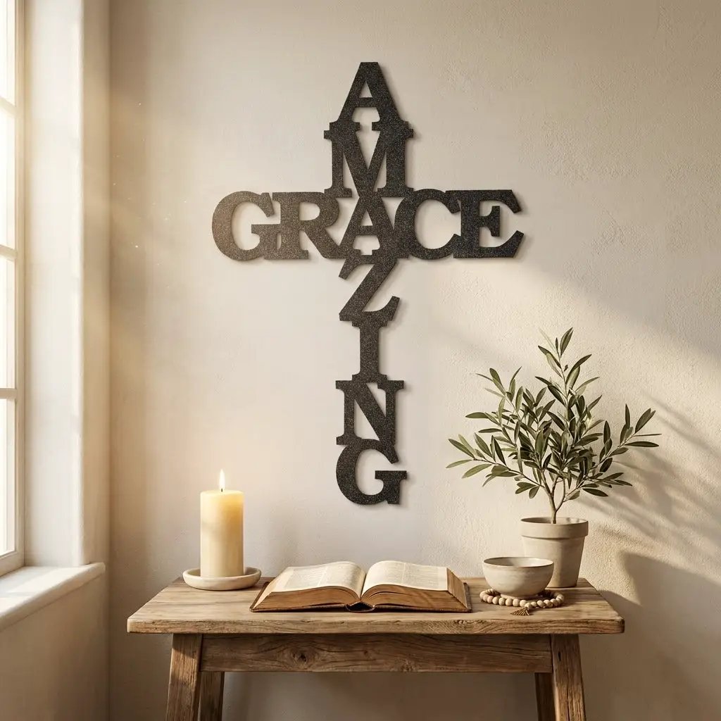 Amazing Grace Cross Steel Wall Art – Christian Metal Cross Sign – Inspirational Faith Decor – Laser Cut Religious Wall Art