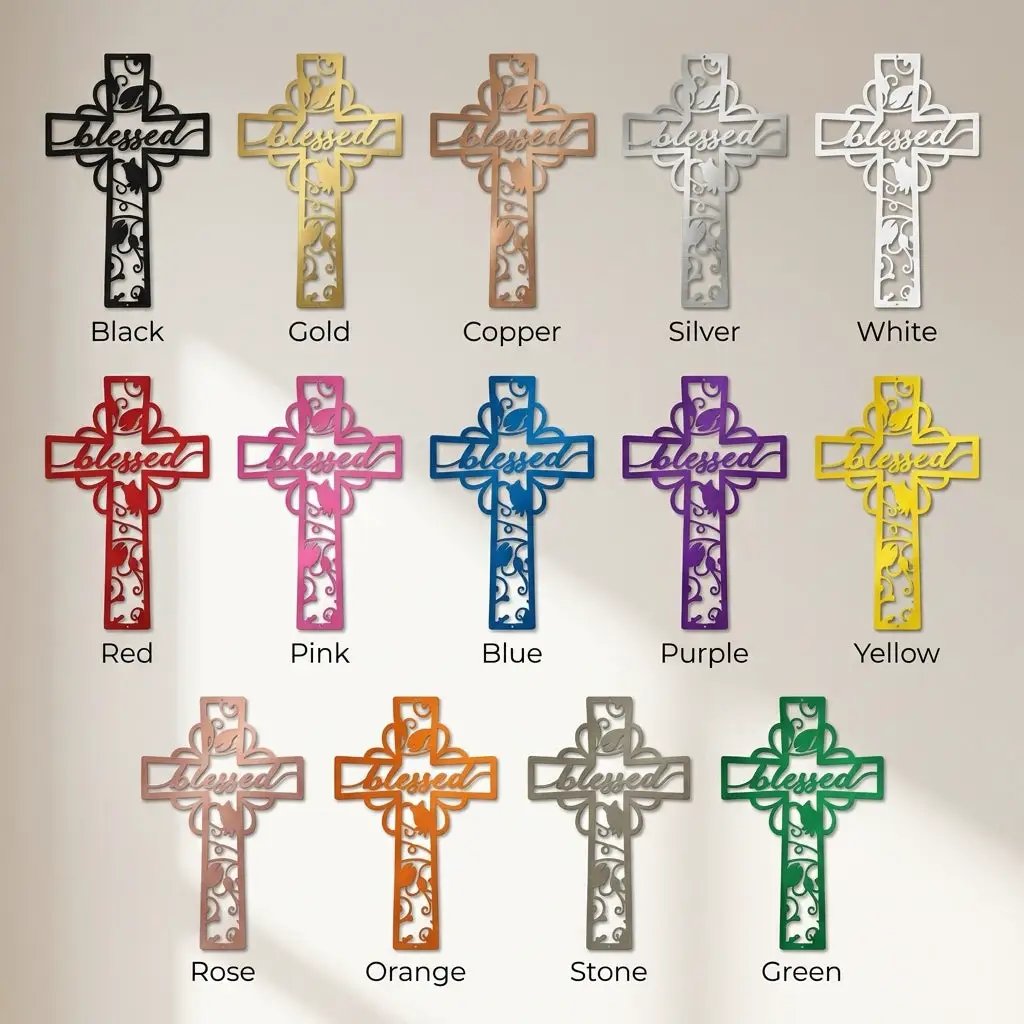 Blessed Cross Metal Wall Art | Christian Floral Cross Decor | Inspirational Faith Wall Hanging