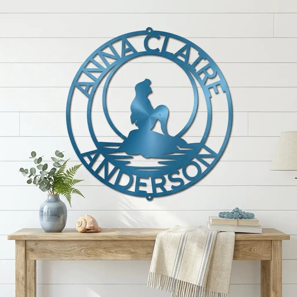 Personalized Mermaid Metal Wall Art Sign – Custom Name Steel Wall Decor for Girls Room – Ocean Themed Nursery and Bedroom Decor
