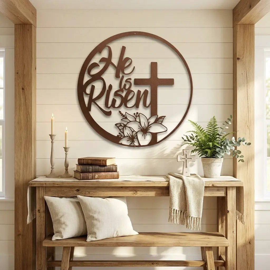 Easter Cross Metal Wall Sign – Christian Home Decor – He Is Risen